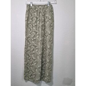 Love Wish Women Sage Green Tropical Leaf Print Wide Leg Rayon Drawstring Pants L
